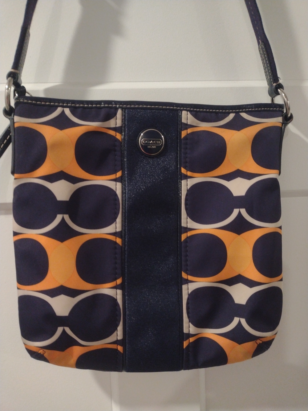 Coach Navy and Orange Signature Monogram Circle Crossbody Bag - Picture 3 of 6